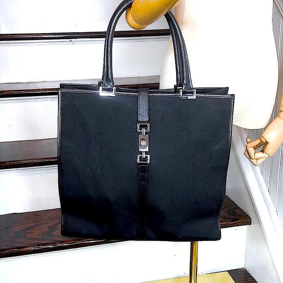 GUCCI Jackie Black Leather Rolled Top Handles Tall Nylon Tote Bag VTG Mint - Picture 17 of 17